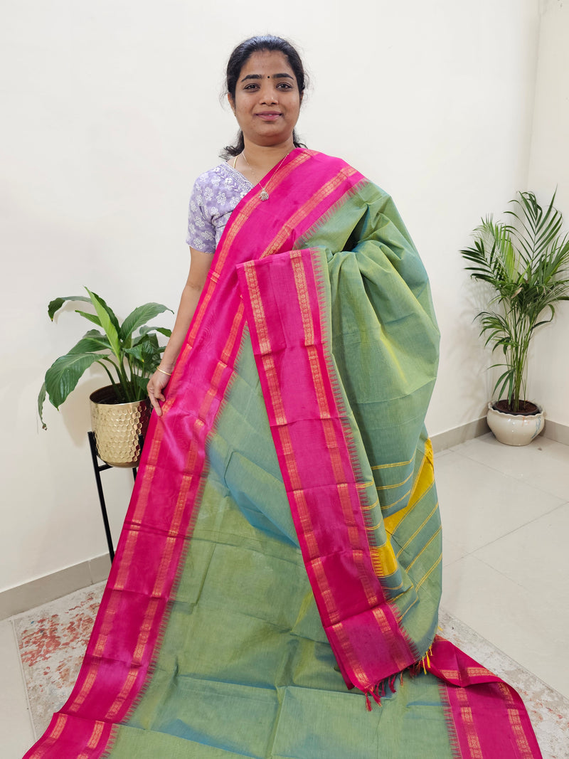 Mercerised Kanchi Cotton Saree - Green with Pink