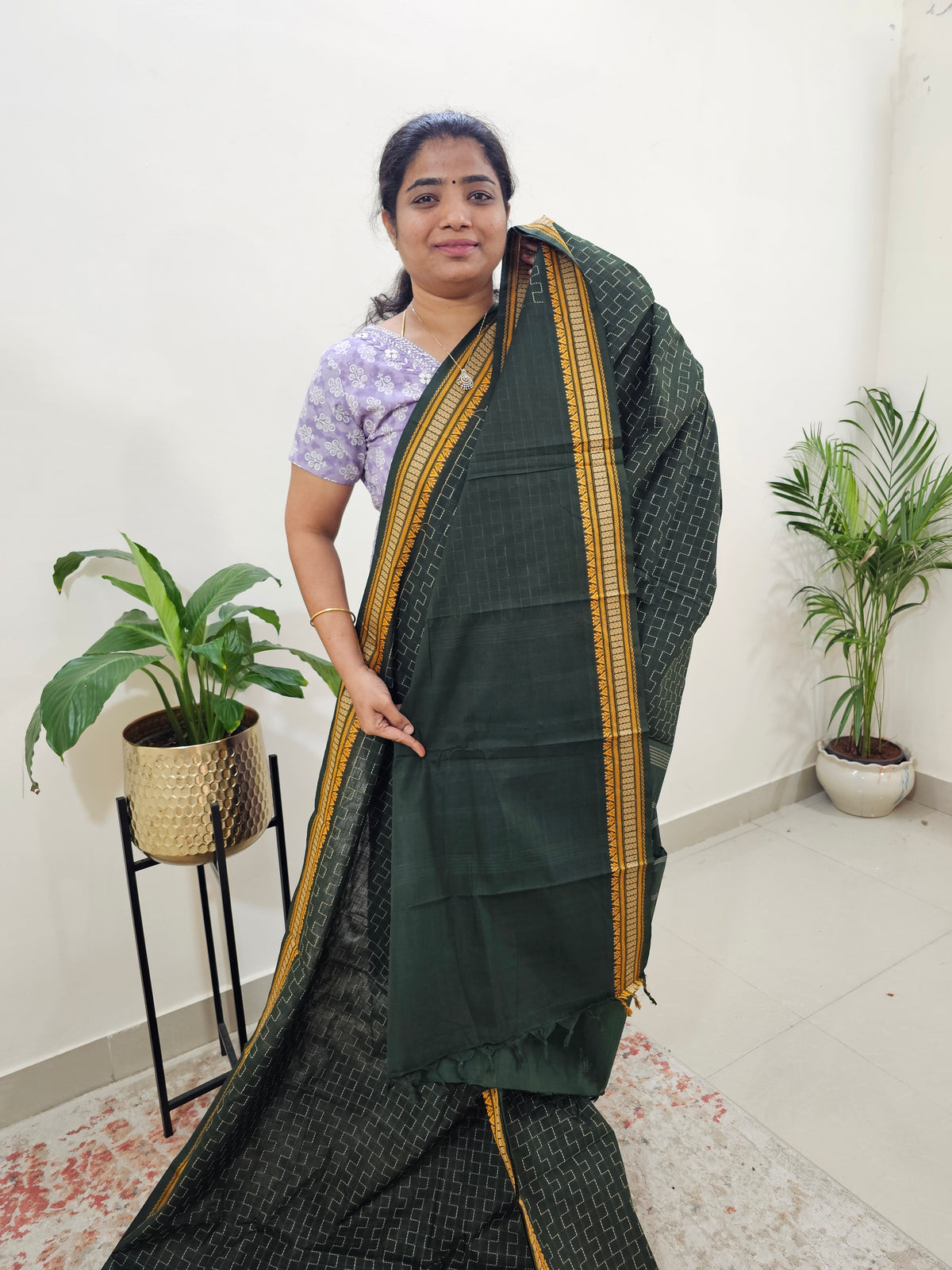 Kanchi Cotton Saree - Dark Green