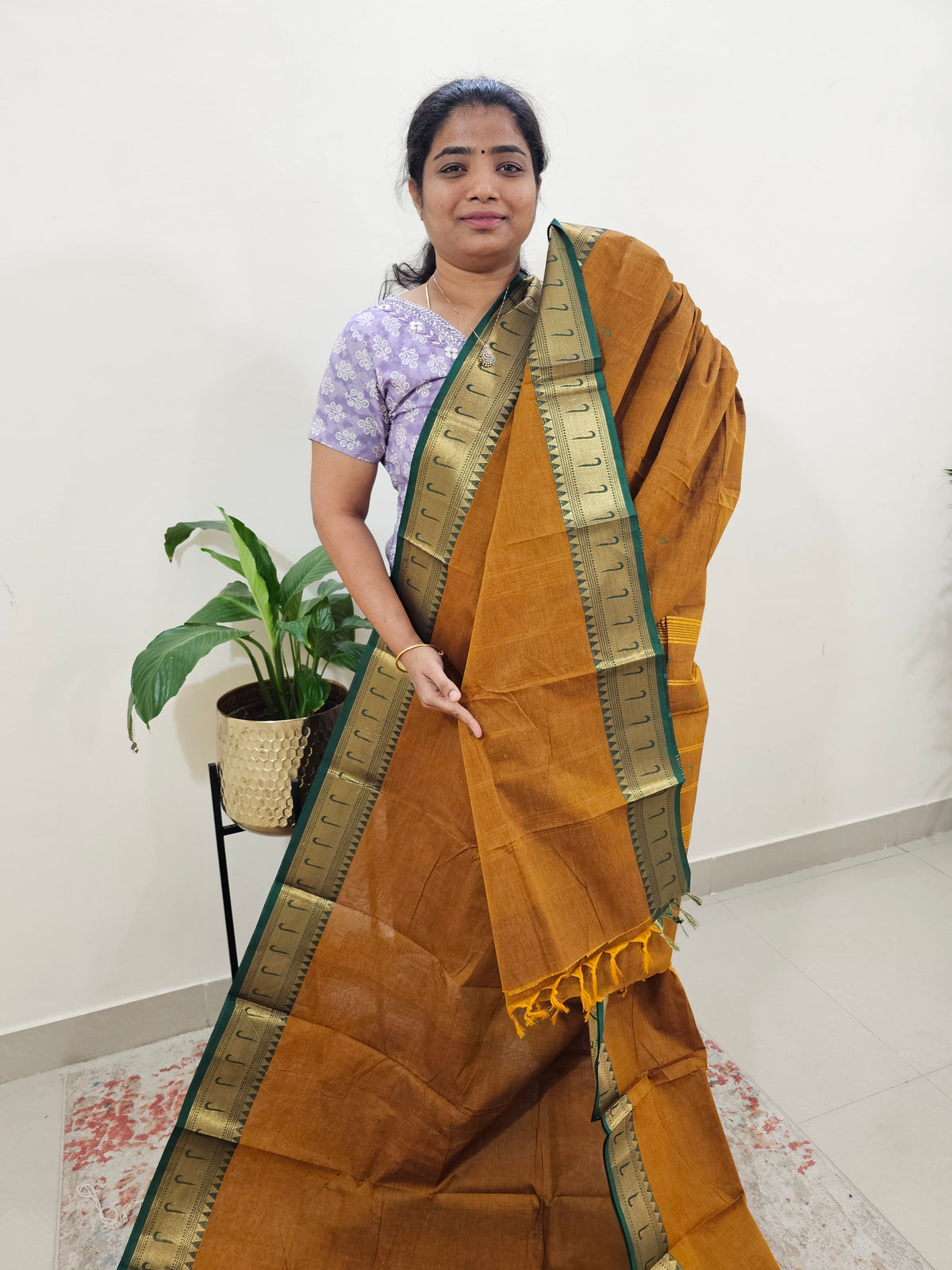 Kanchi Cotton Saree - Brown with Green