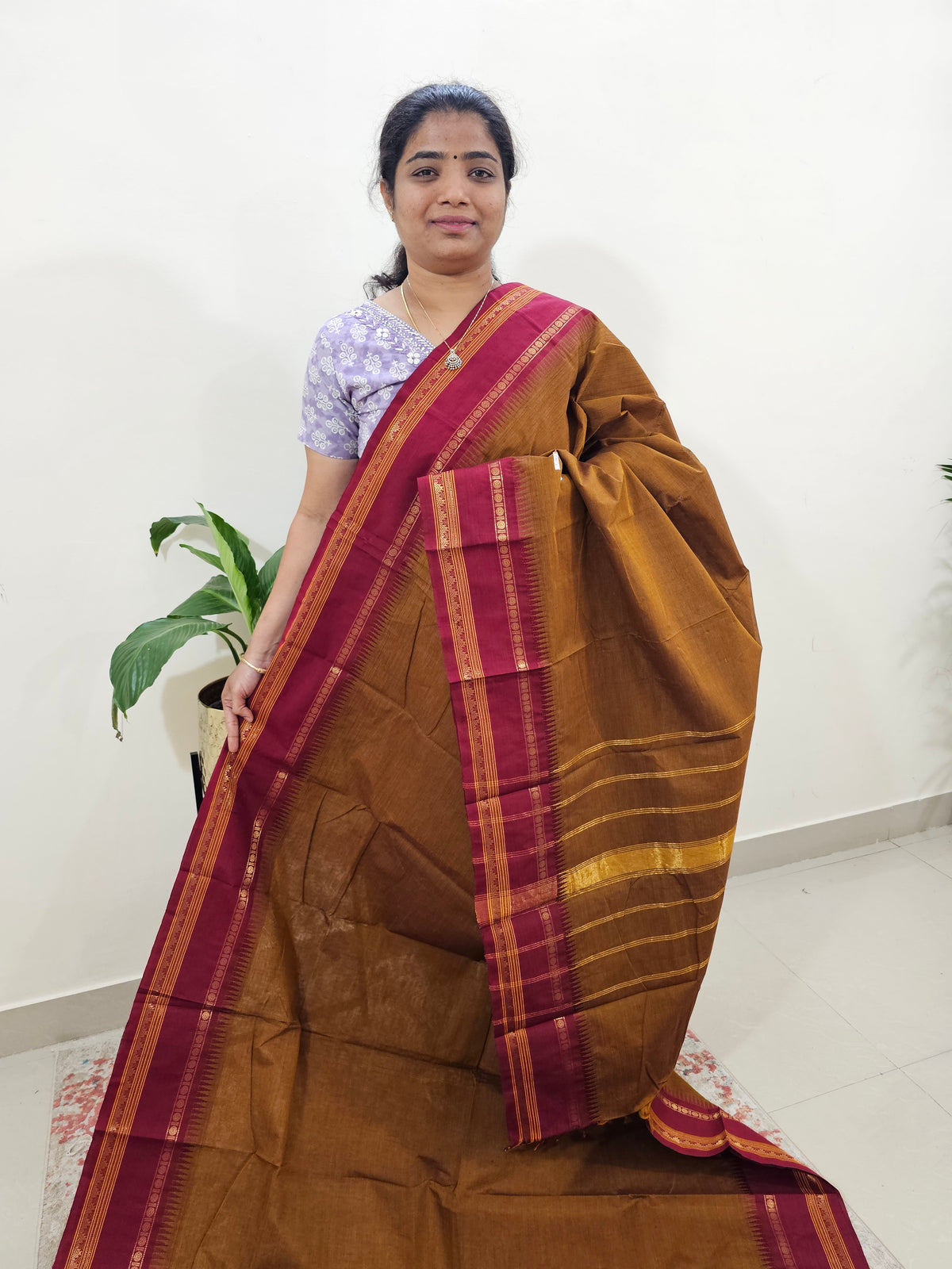 Kanchi Cotton Saree - Dark Brown