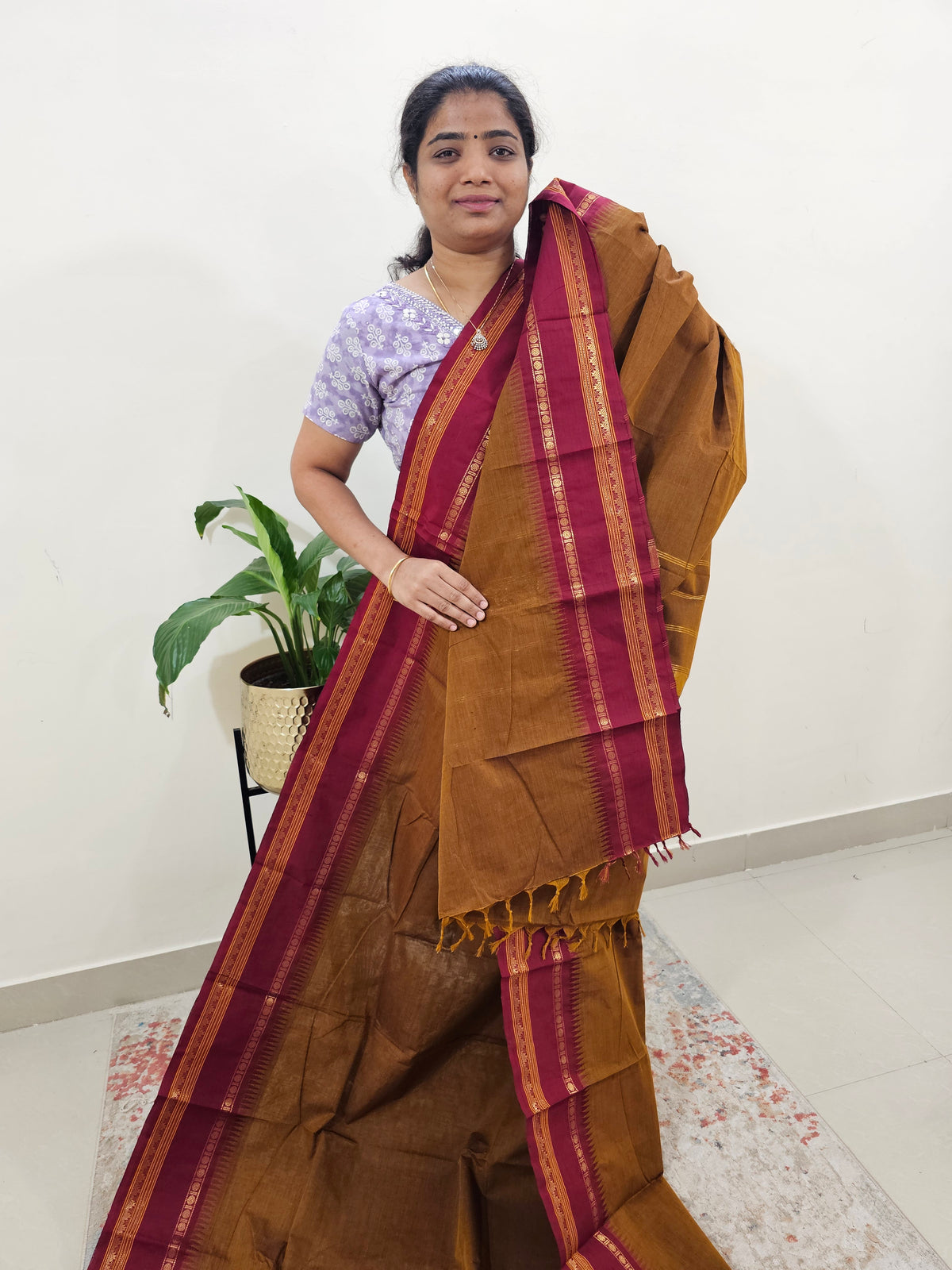 Kanchi Cotton Saree - Dark Brown