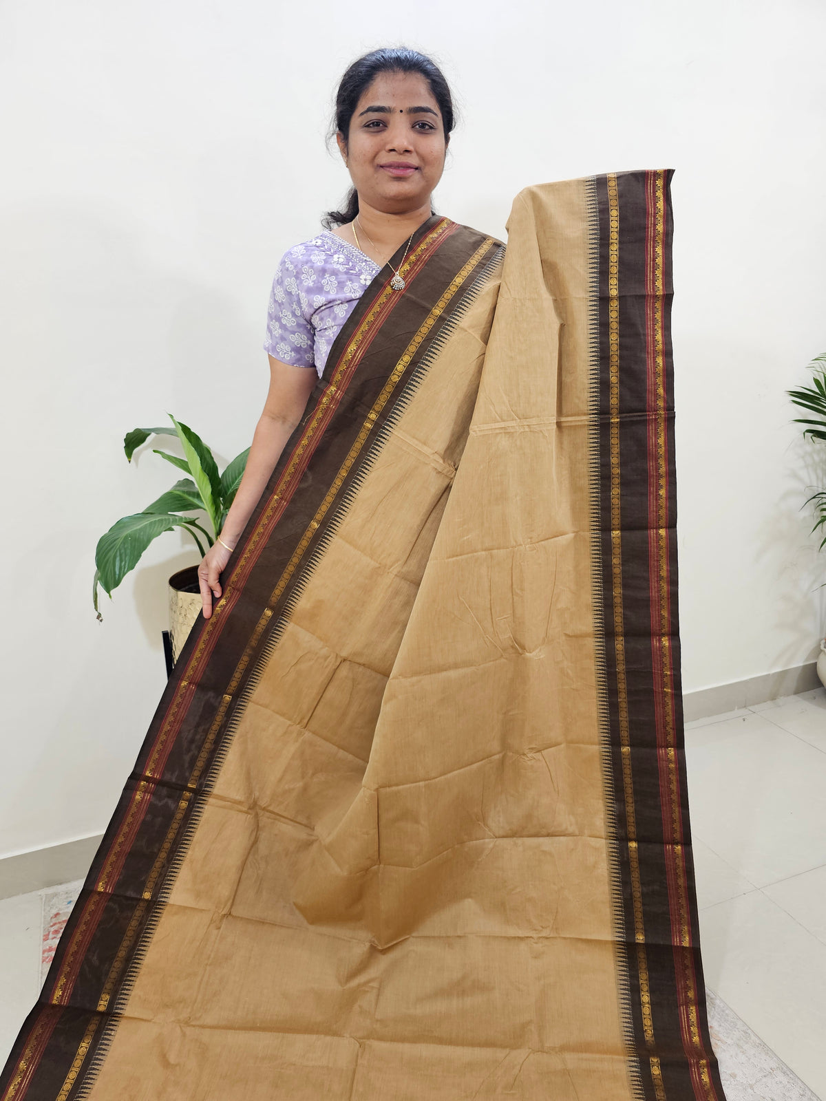 Kanchi Cotton Saree - Beige with Brown