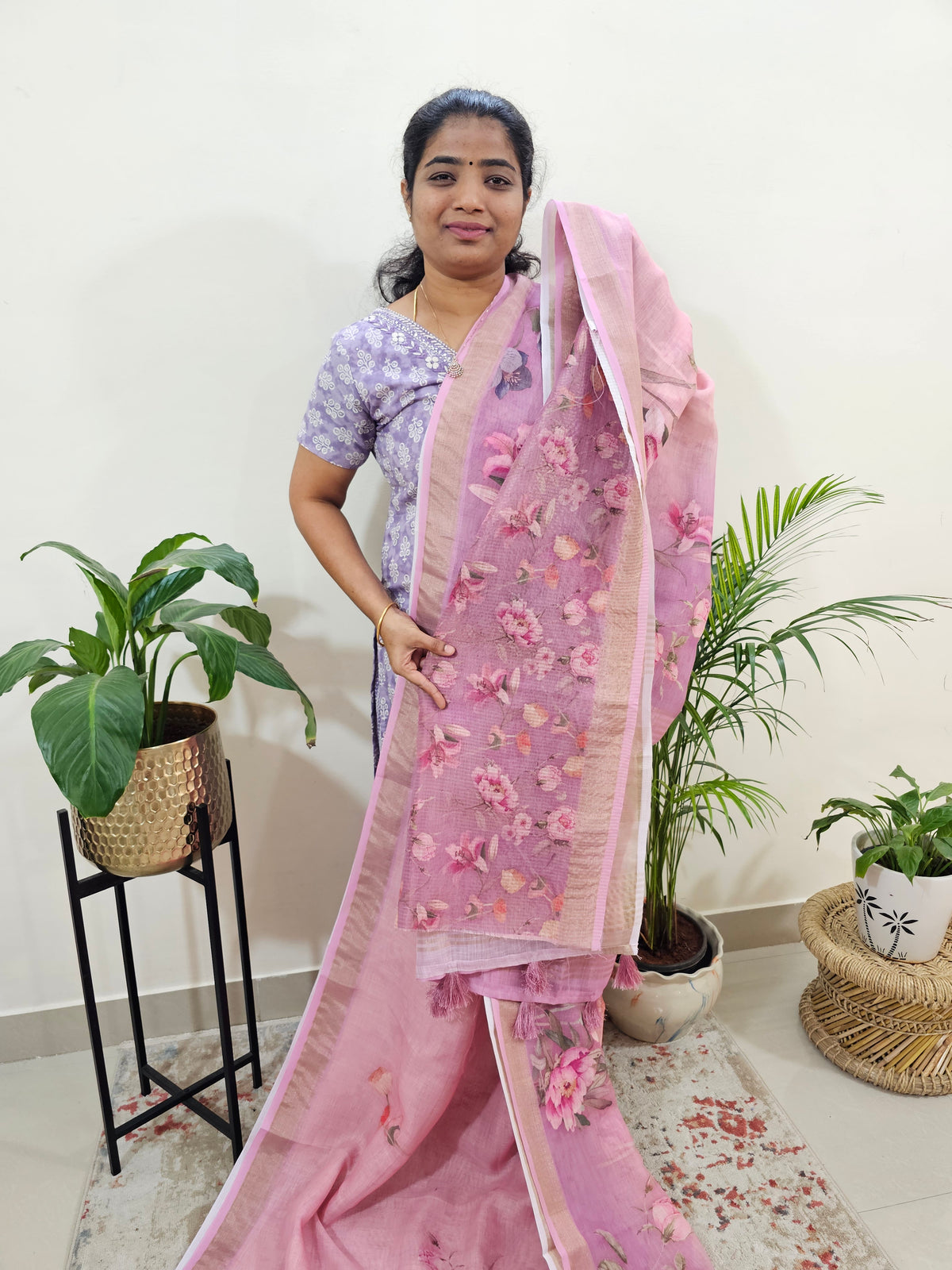 Linen Tissue with Digital Printed Sarees - Peachish Pink