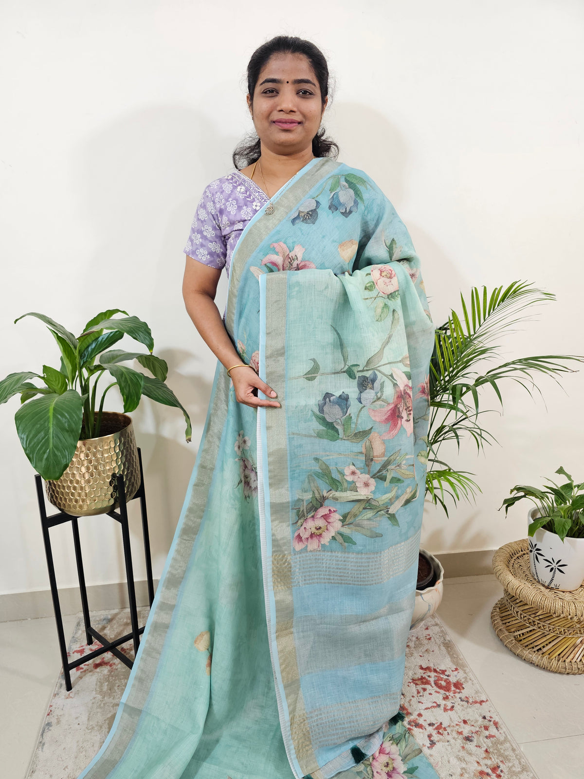 Linen Tissue with Digital Printed Sarees - Blue with Sea Green