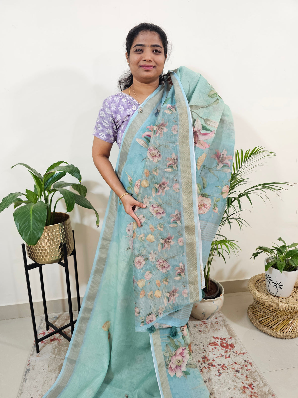 Linen Tissue with Digital Printed Sarees - Blue with Sea Green
