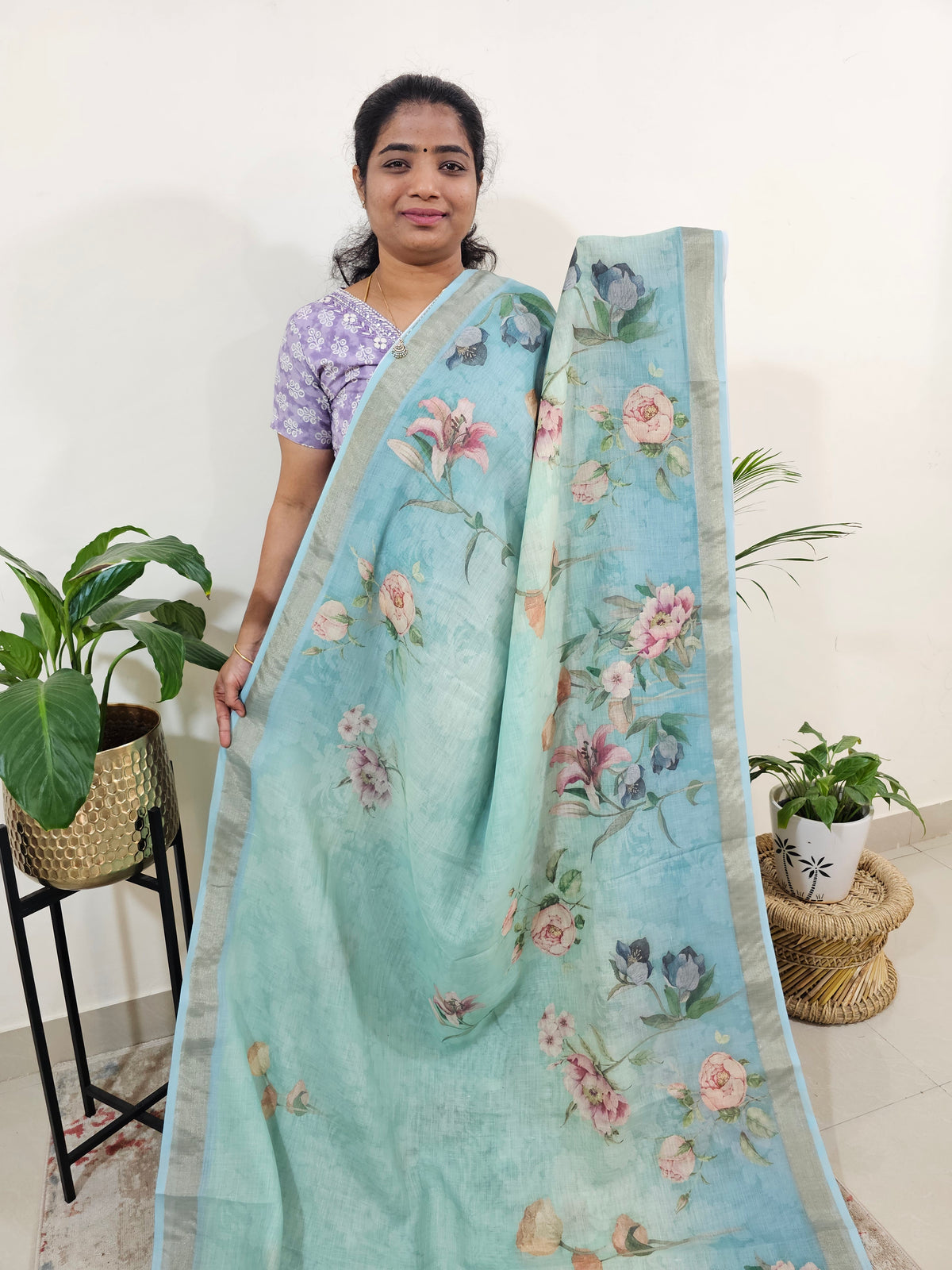 Linen Tissue with Digital Printed Sarees - Blue with Sea Green