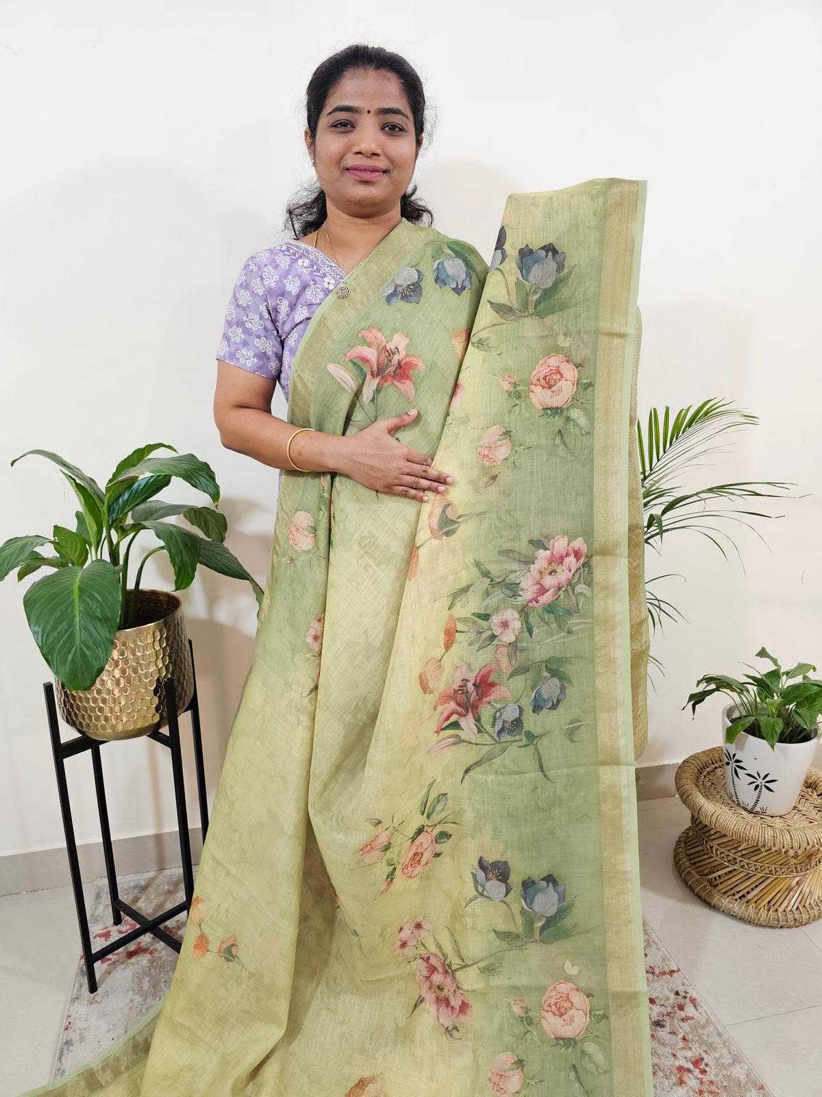 Linen Tissue with Digital Printed Sarees - Lime Green with Dark Green