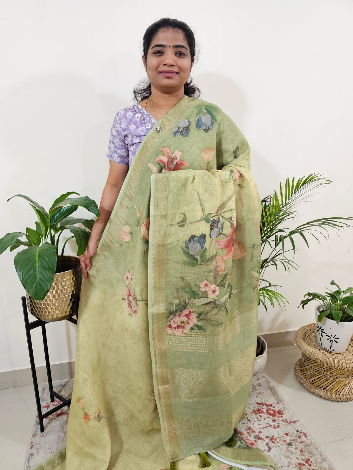 Linen Tissue with Digital Printed Sarees - Lime Green with Dark Green