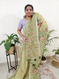 Linen Tissue with Digital Printed Sarees - Lime Green with Dark Green