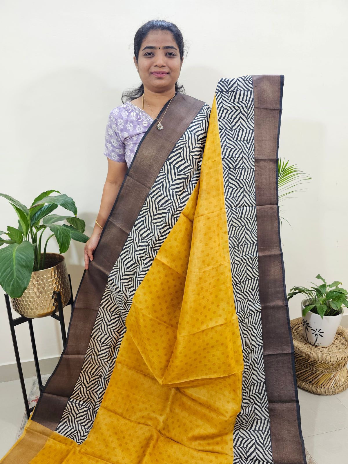 Tussar Silk Saree with Zari Border - Yellow with Black