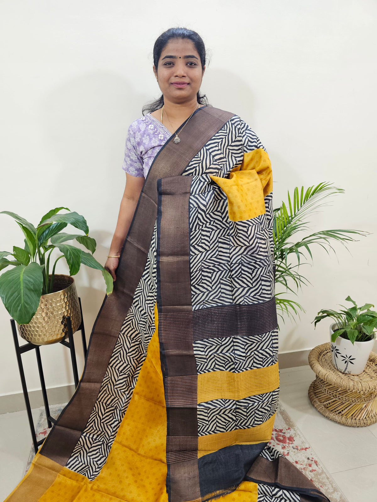 Tussar Silk Saree with Zari Border - Yellow with Black