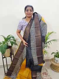 Tussar Silk Saree with Zari Border - Yellow with Black