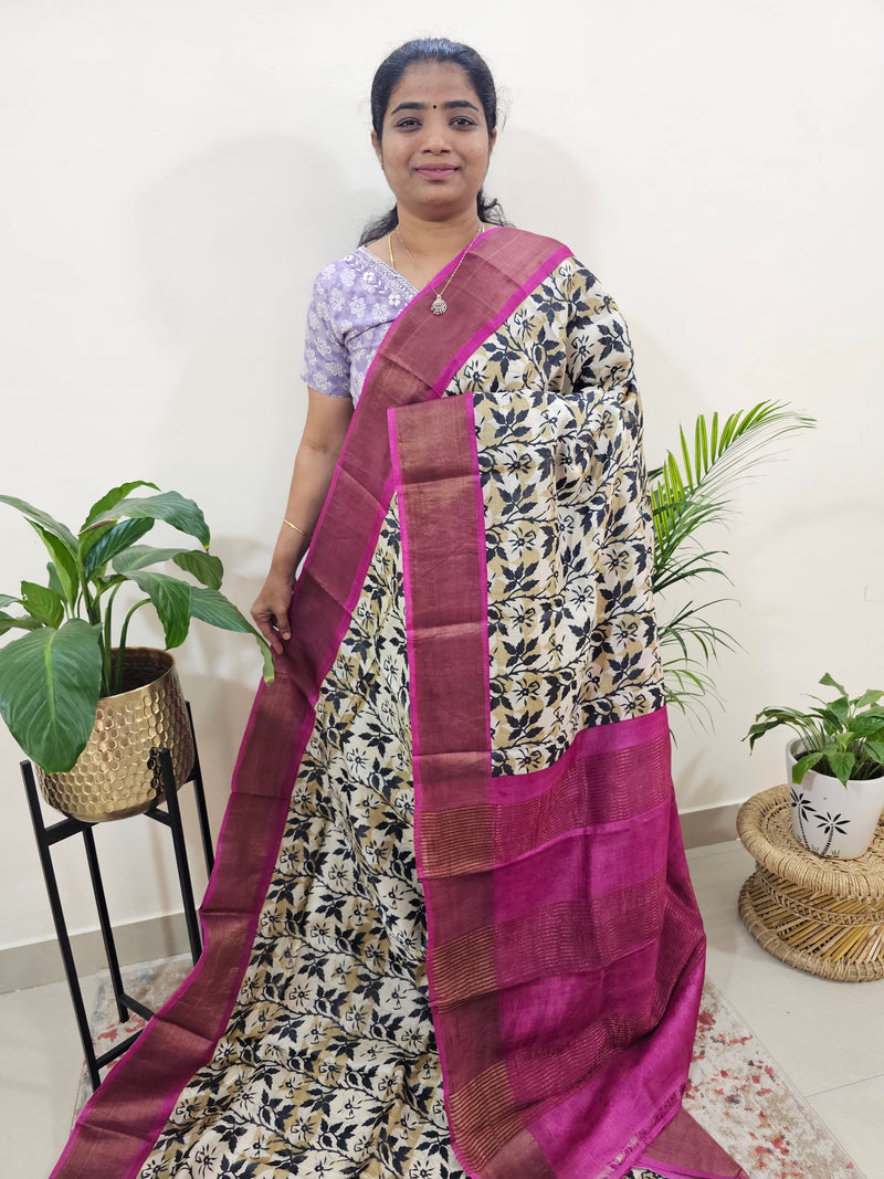 Tussar Silk Saree with Zari Border - Off-white with Pink