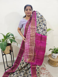 Tussar Silk Saree with Zari Border - Off-white with Pink