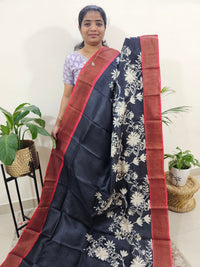 Tussar Silk Saree with Zari Border - Black with Red