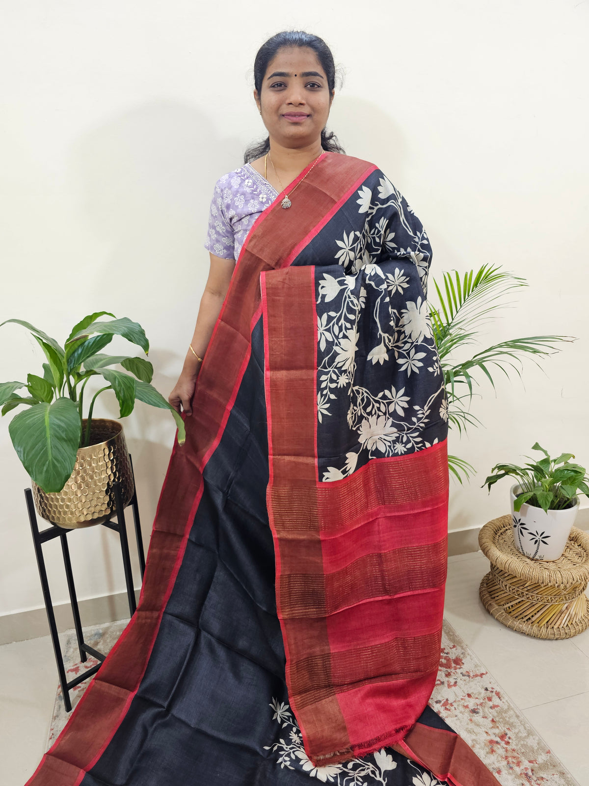 Tussar Silk Saree with Zari Border - Black with Red