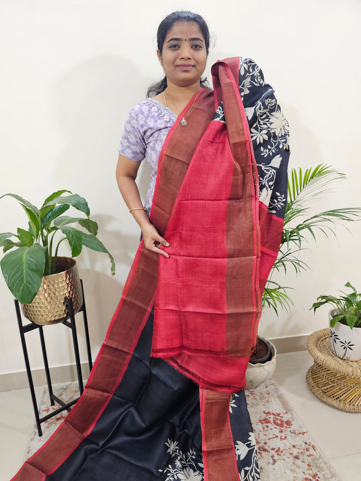 Tussar Silk Saree with Zari Border - Black with Red