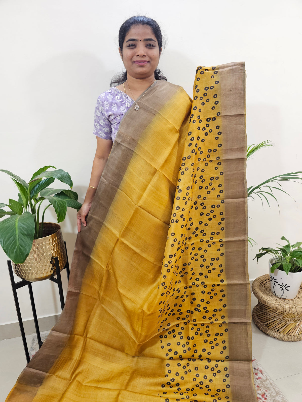 Tussar Silk Saree with Zari Border - Yellow with Brown