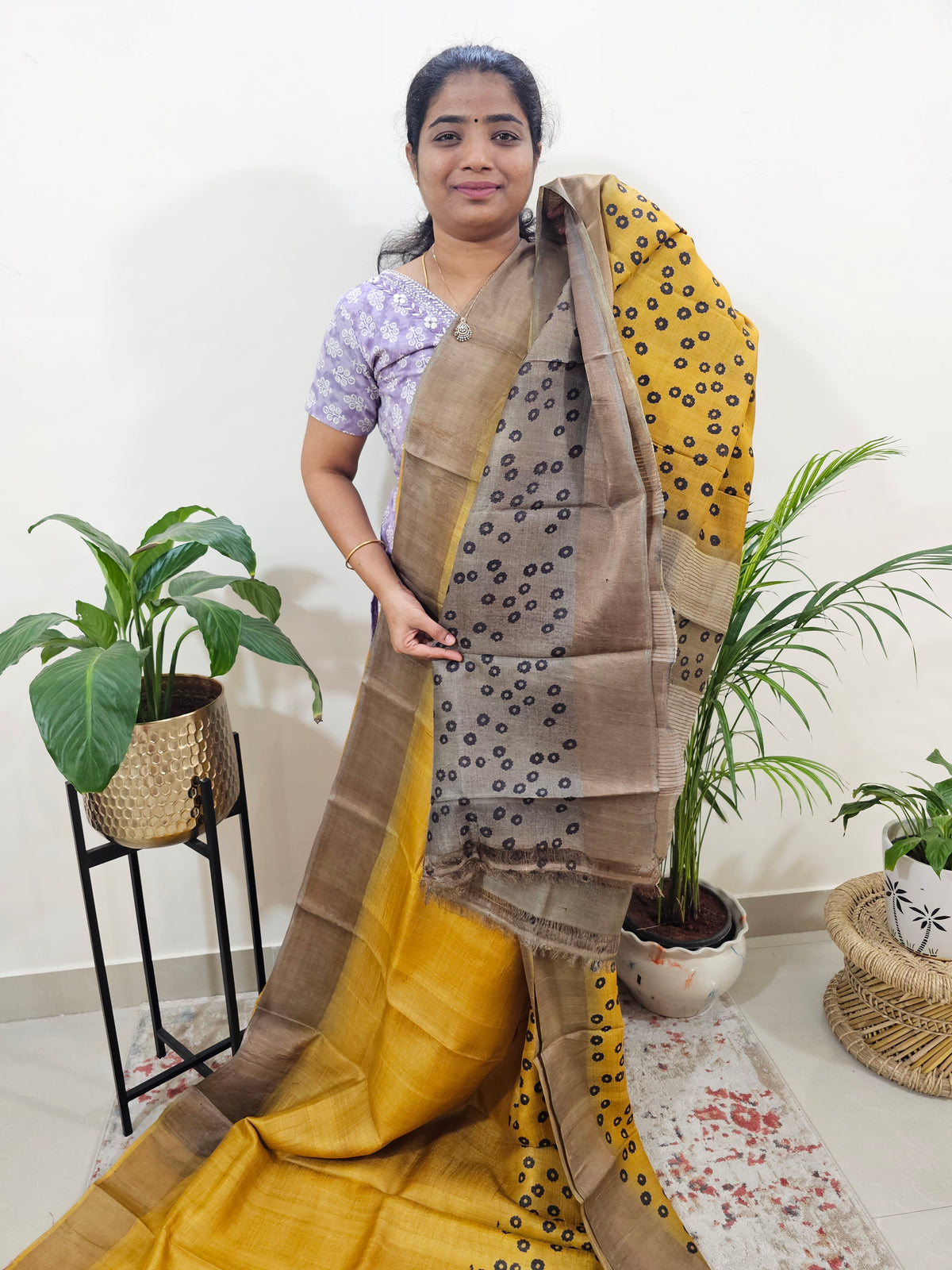 Tussar Silk Saree with Zari Border - Yellow with Brown