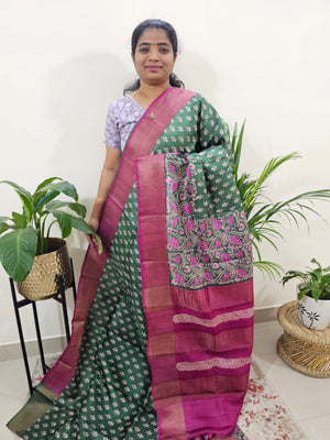 Tussar Silk Saree with Zari Border - Green with Pink