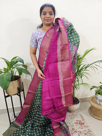 Tussar Silk Saree with Zari Border - Green with Pink