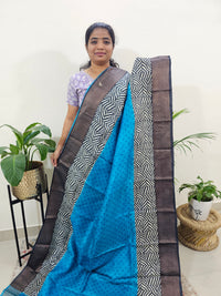 Tussar Silk Saree with Zari Border - Blue with Black