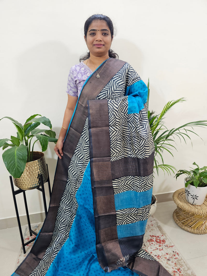 Tussar Silk Saree with Zari Border - Blue with Black