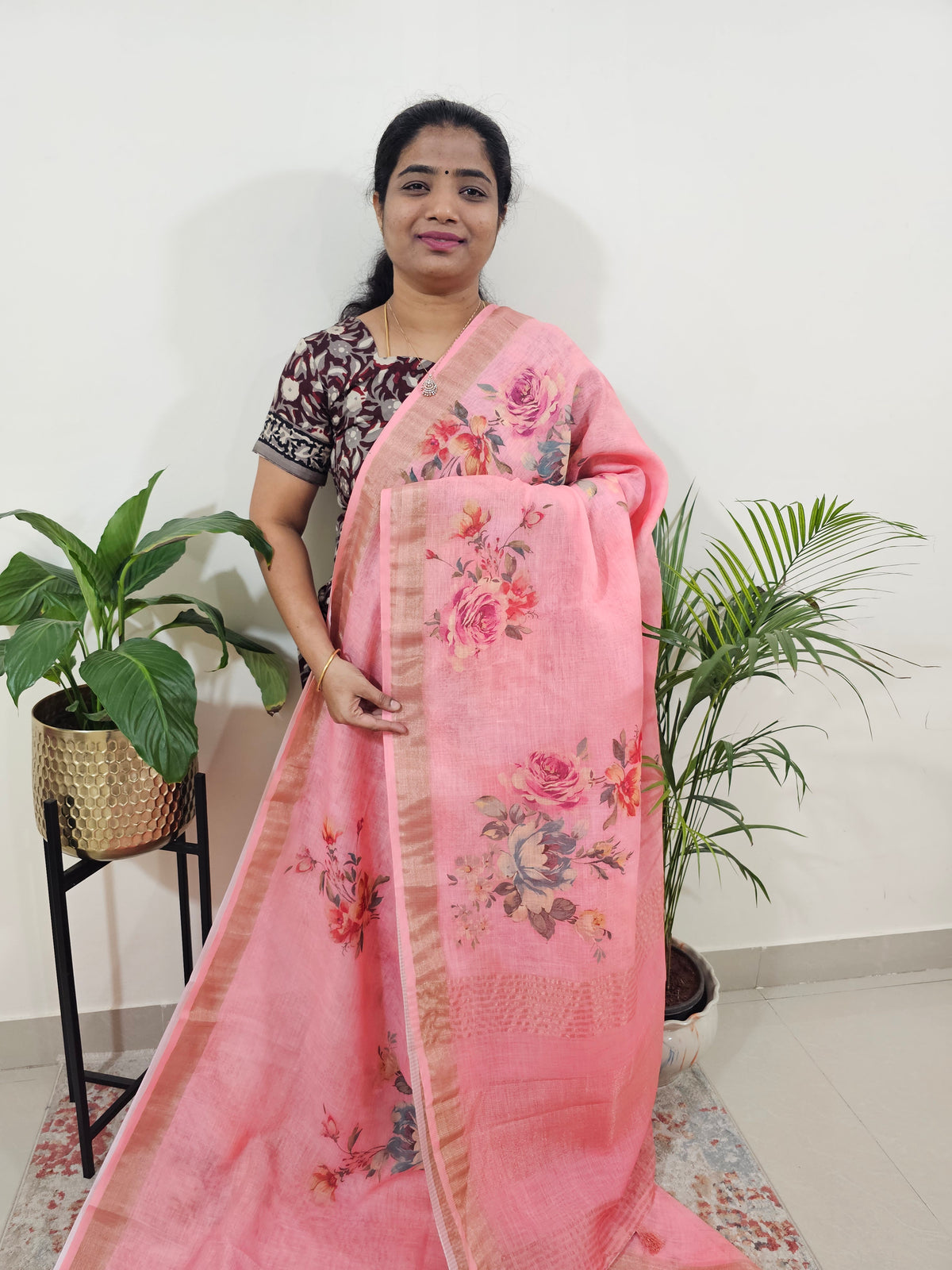 Linen Tissue with Digital Printed Sarees - Dark Peach