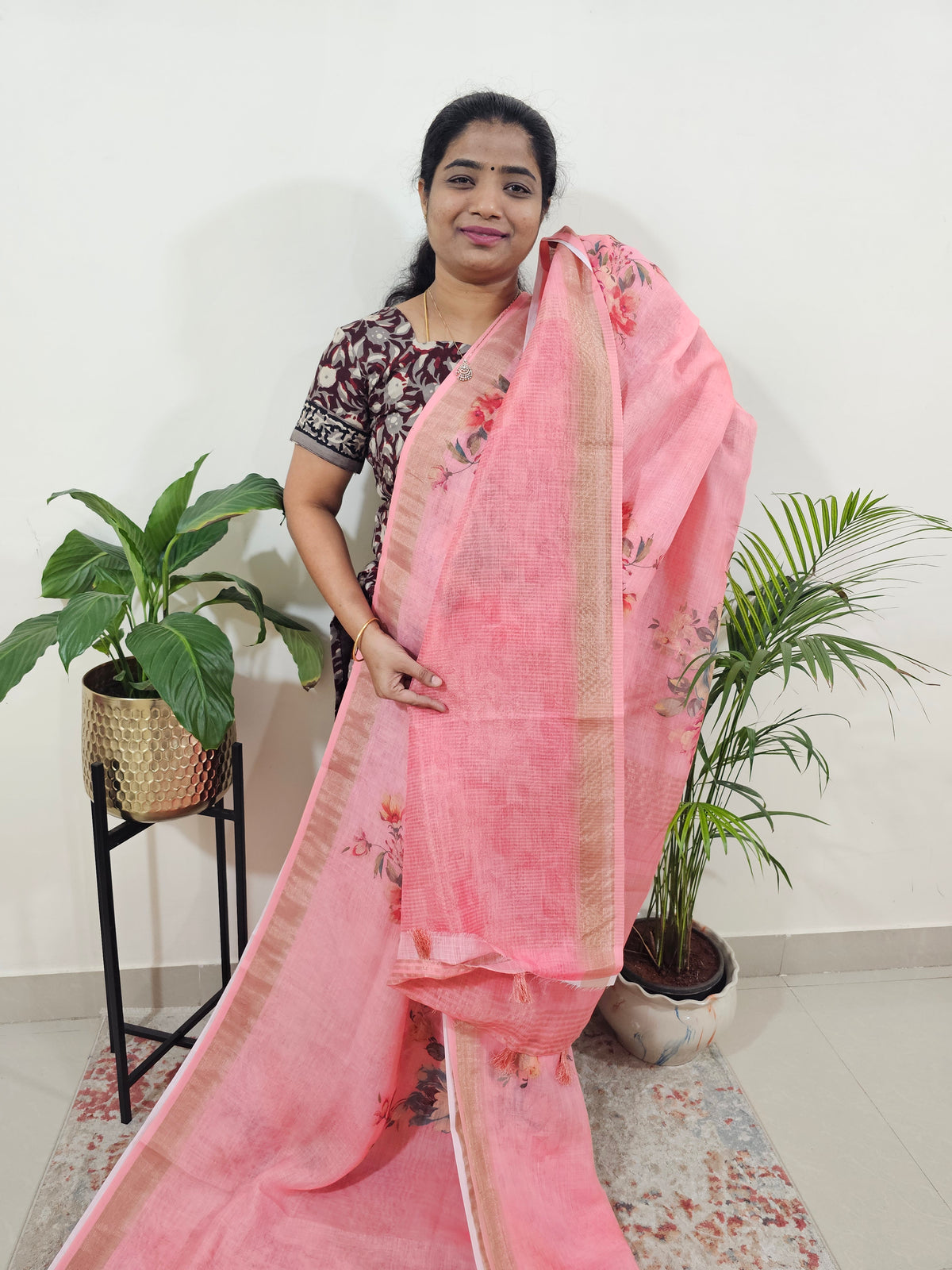 Linen Tissue with Digital Printed Sarees - Dark Peach