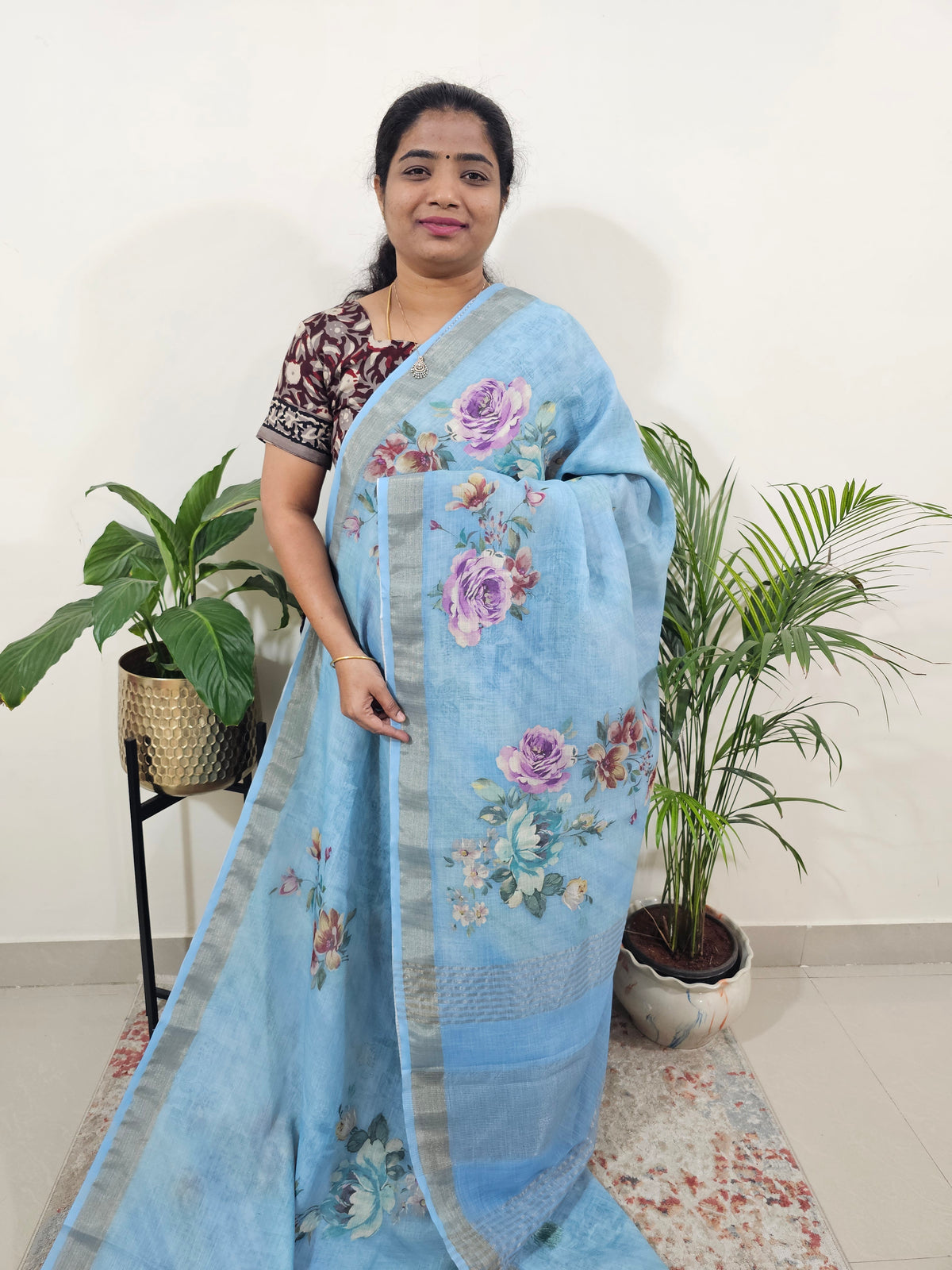 Linen Tissue with Digital Printed Sarees - Blue