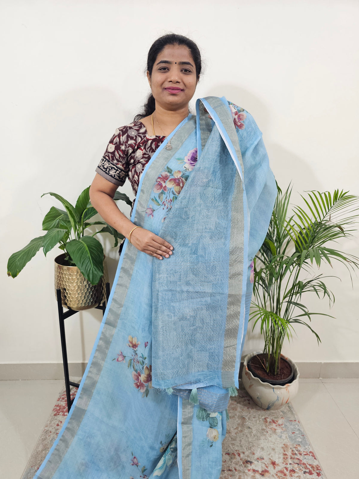Linen Tissue with Digital Printed Sarees - Blue