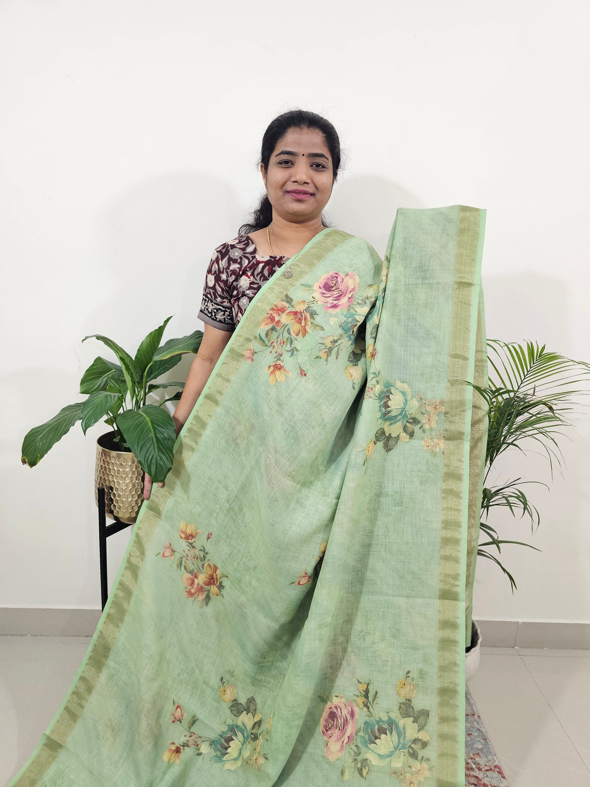 Linen Tissue with Digital Printed Sarees - Green