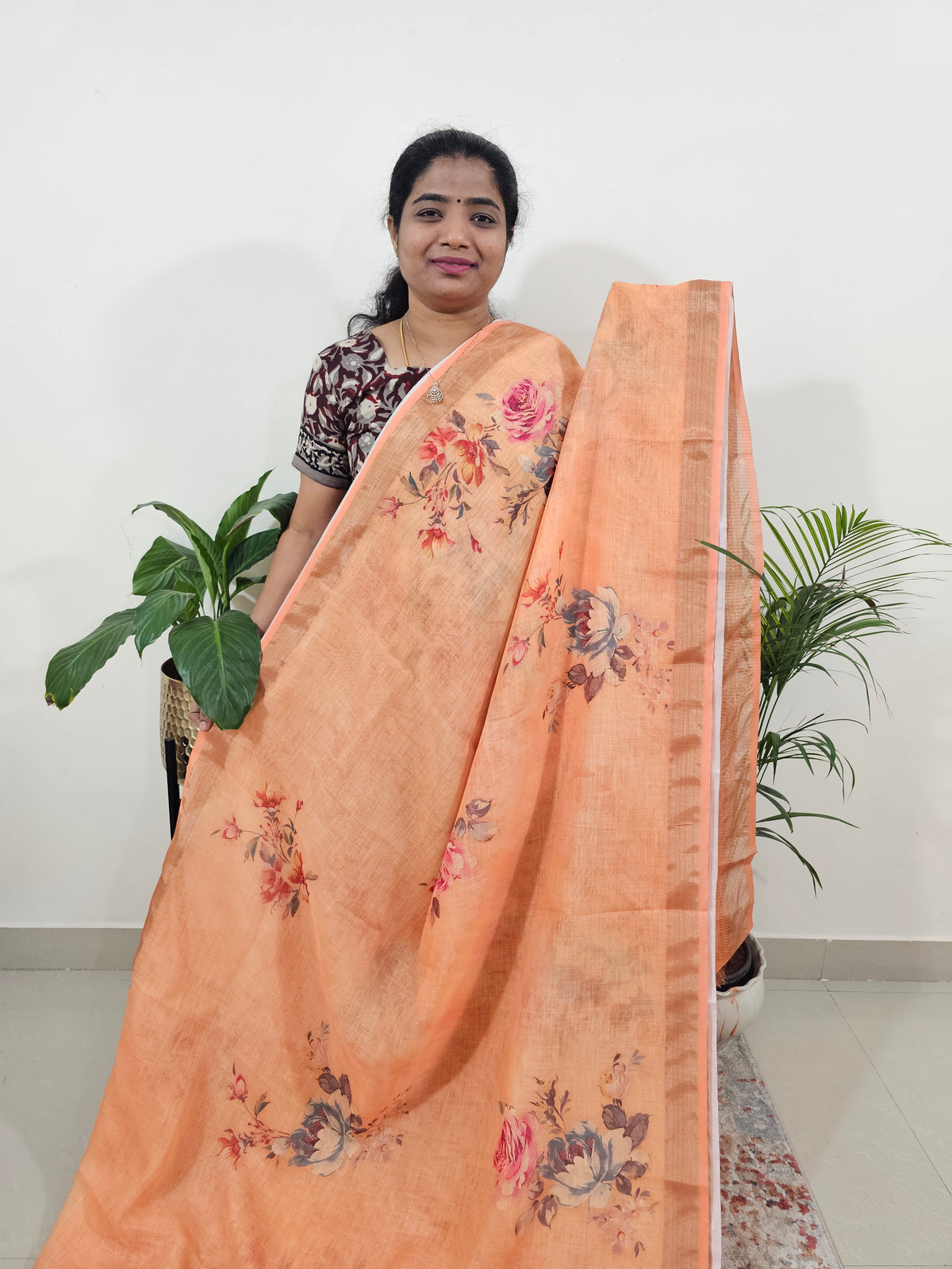 Linen Tissue with Digital Printed Sarees - Orange