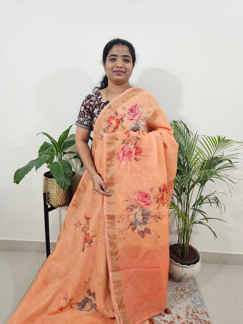 Linen Tissue with Digital Printed Sarees - Orange