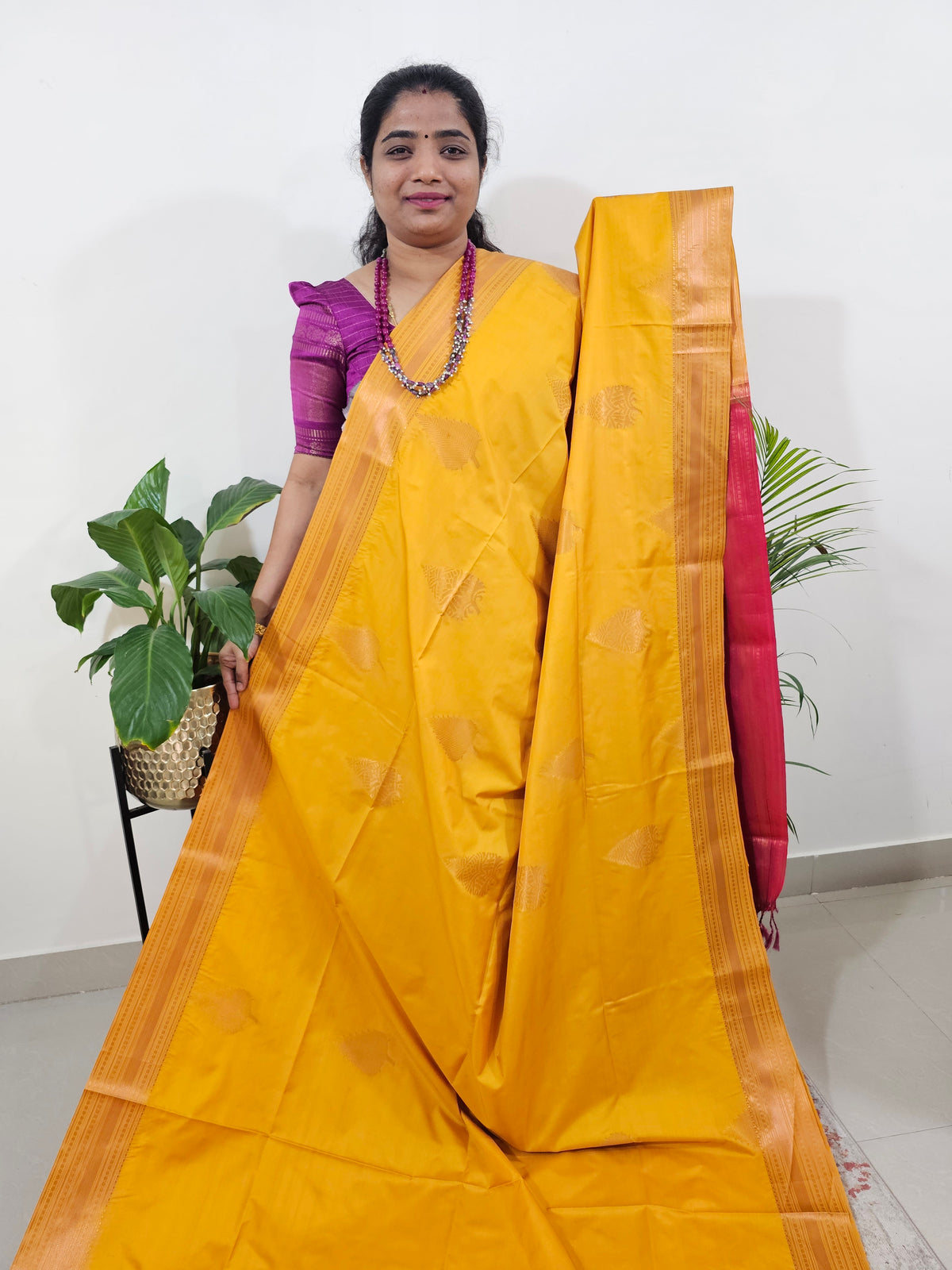 Mango Yellow with Pink Semi Kanjivaram Soft Silk Saree