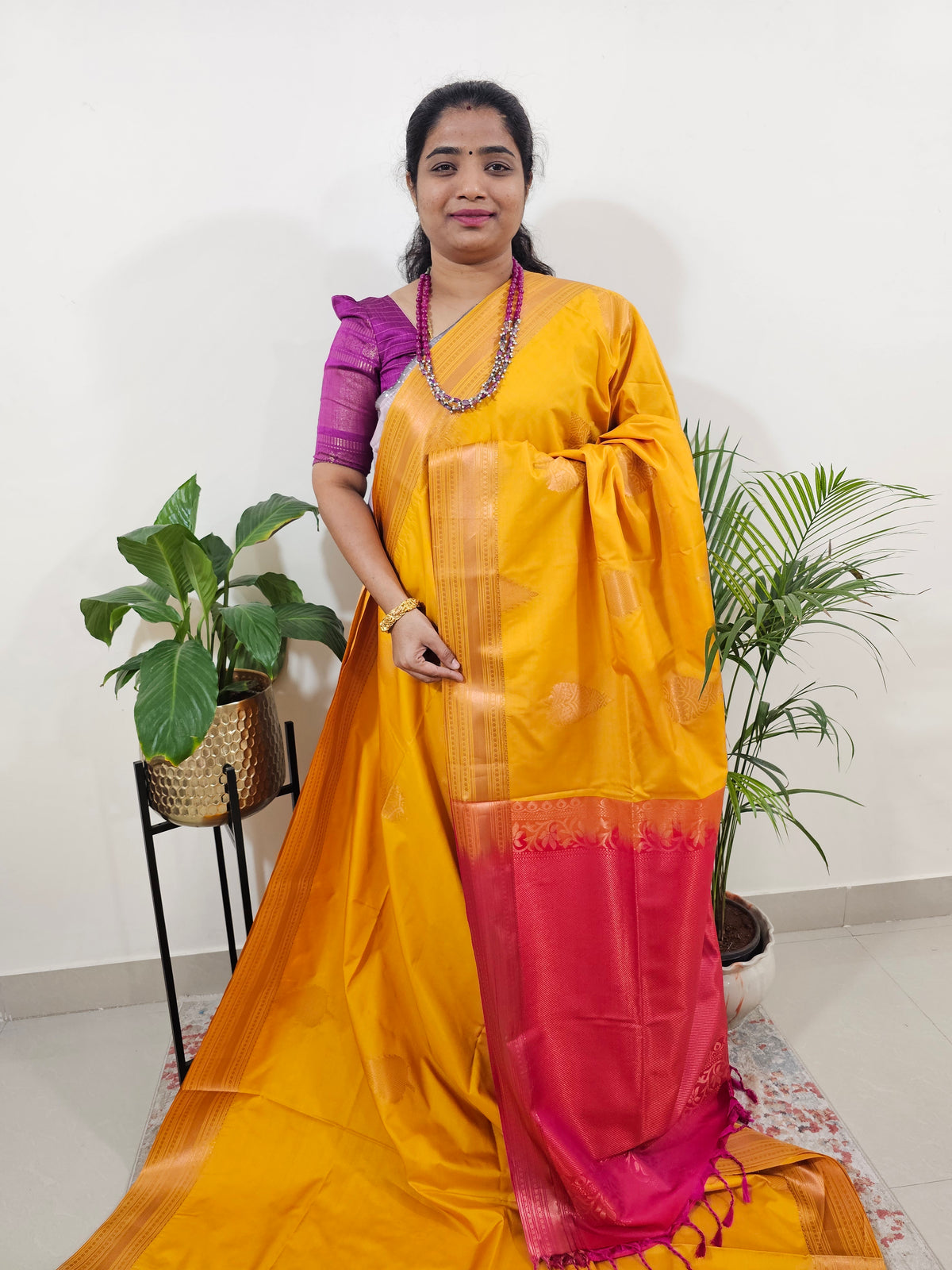 Mango Yellow with Pink Semi Kanjivaram Soft Silk Saree