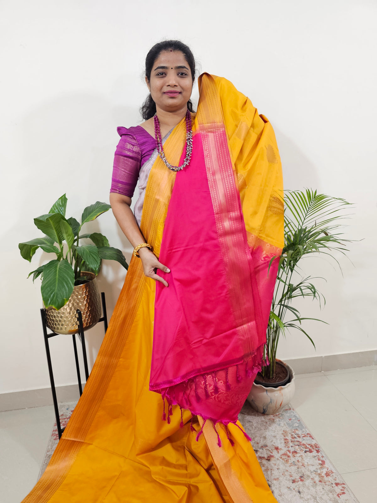 Mango Yellow with Pink Semi Kanjivaram Soft Silk Saree