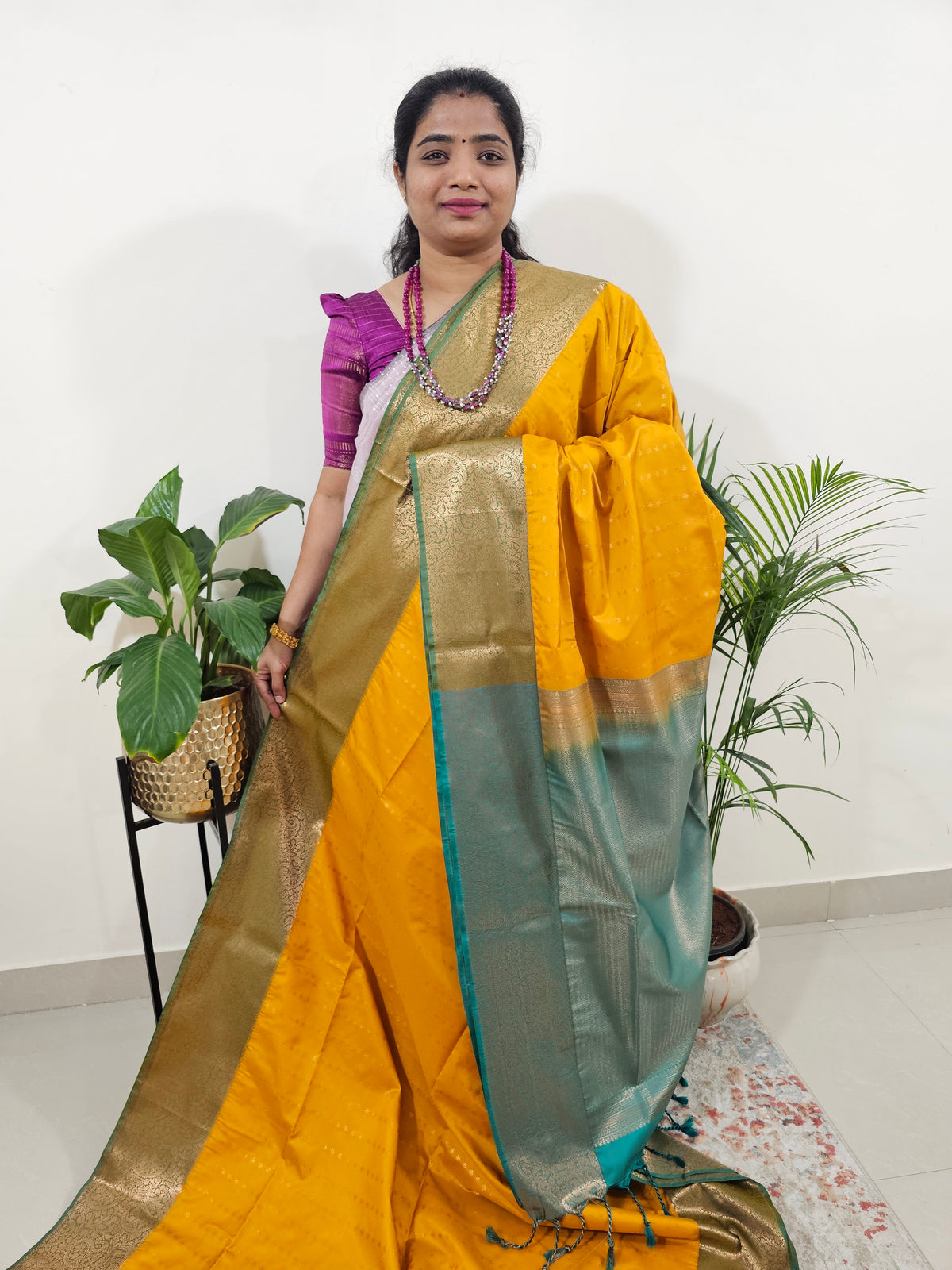 Yellow with Sea Green Semi Kanjivaram Soft Silk Saree