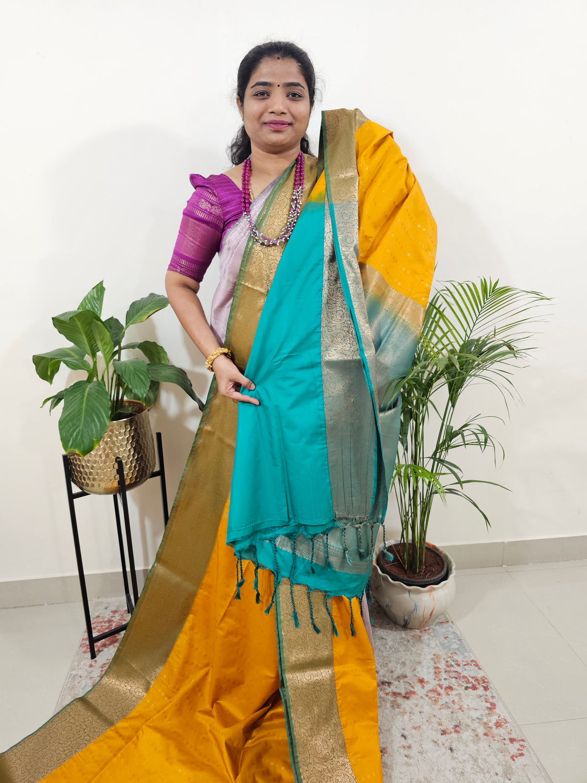 Yellow with Sea Green Semi Kanjivaram Soft Silk Saree