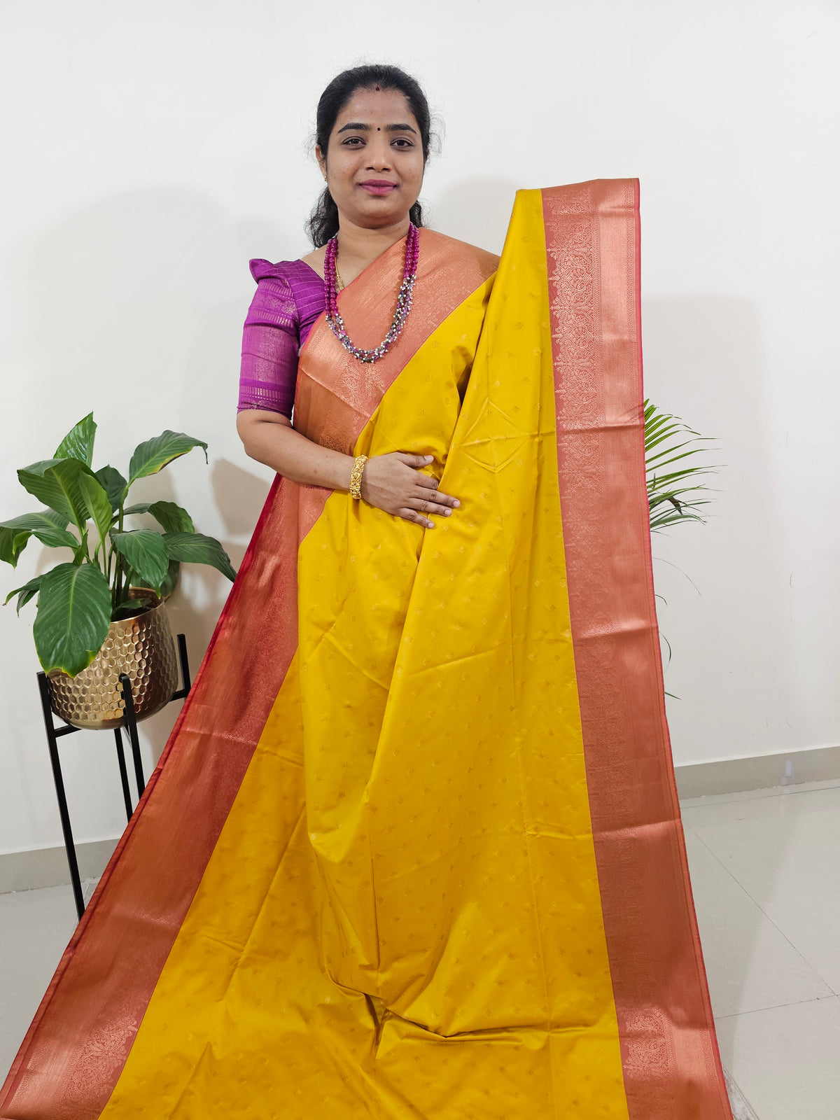 Yellow with Pink Semi Kanjivaram Soft Silk Saree