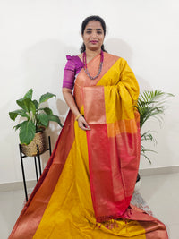 Yellow with Pink Semi Kanjivaram Soft Silk Saree