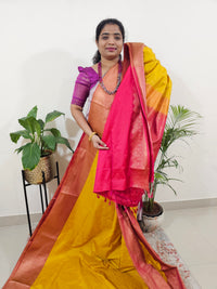 Yellow with Pink Semi Kanjivaram Soft Silk Saree