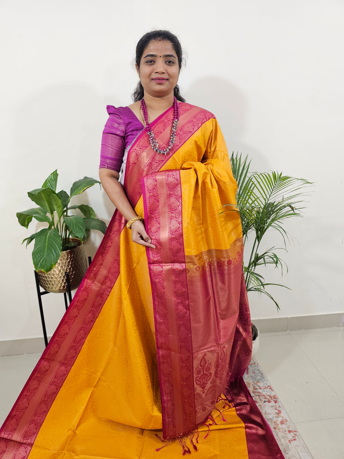 Yellow with Pink Semi Kanjivaram Soft Silk Borcade Saree