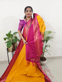 Yellow with Pink Semi Kanjivaram Soft Silk Borcade Saree