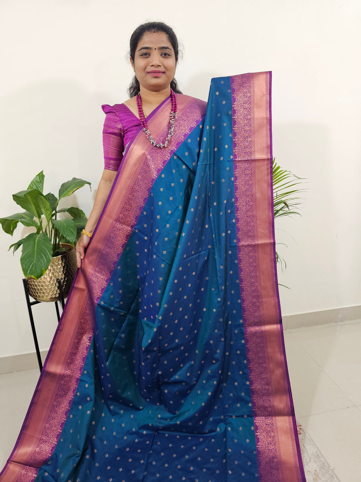 Peacock Blue with Dark Pink Semi Kanjivaram Soft Silk Saree