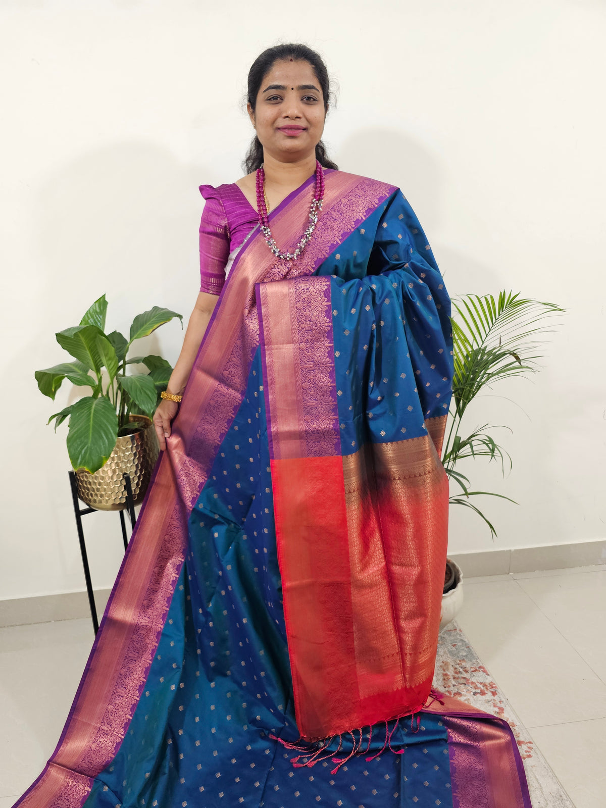 Peacock Blue with Dark Pink Semi Kanjivaram Soft Silk Saree