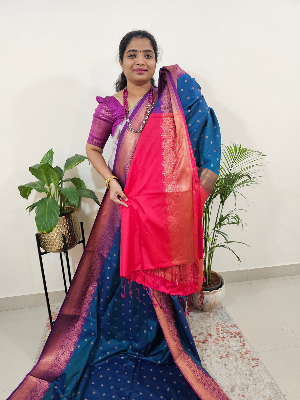 Peacock Blue with Dark Pink Semi Kanjivaram Soft Silk Saree