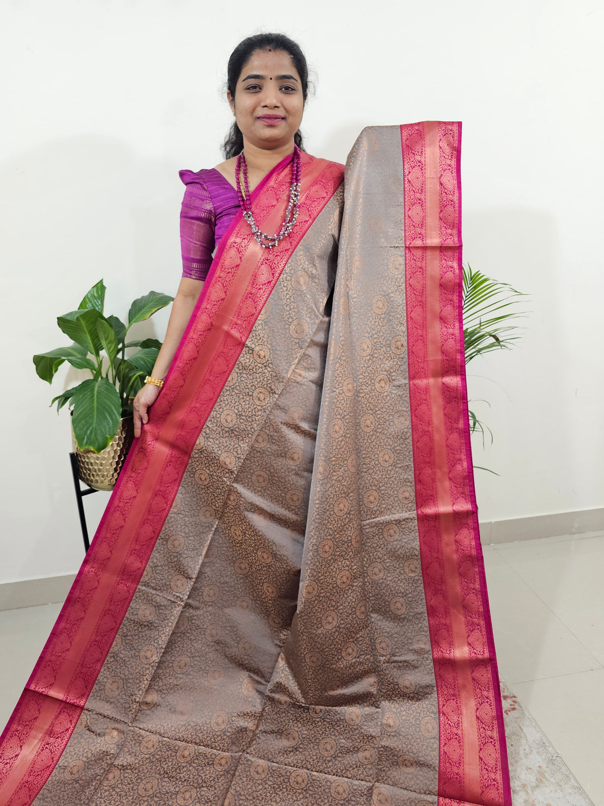 Grey with Pink Semi Kanjivaram Soft Silk Borcade Saree