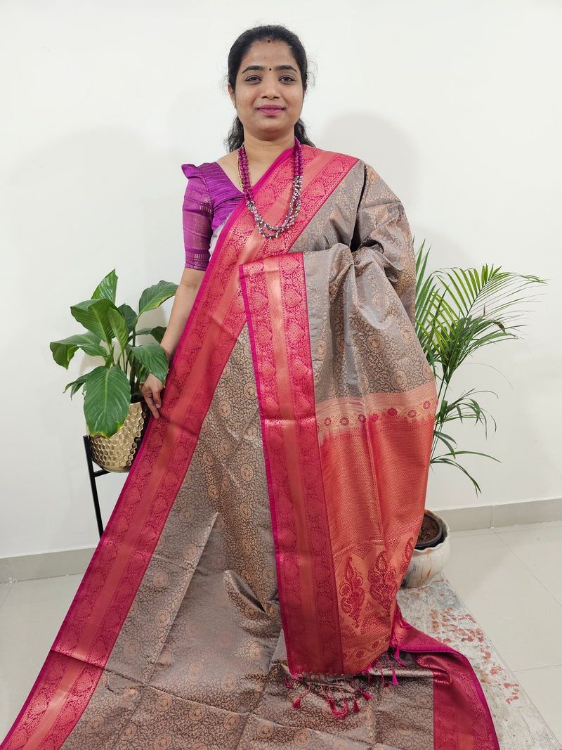 Grey with Pink Semi Kanjivaram Soft Silk Borcade Saree