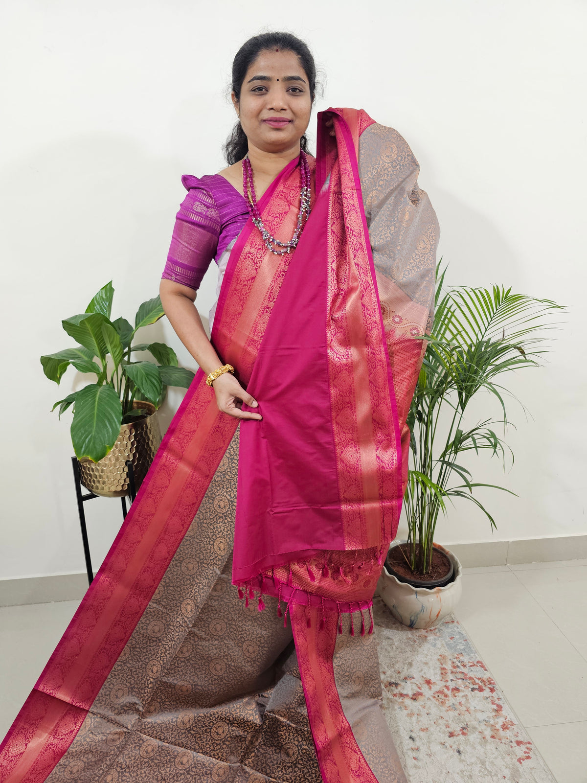 Grey with Pink Semi Kanjivaram Soft Silk Borcade Saree